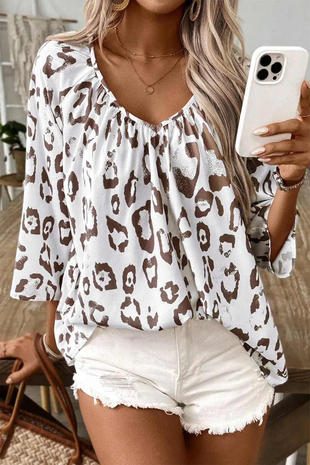 Leopard Print Ruched V Neck 3/4 Sleeve Blouse Beagle Boutique Fashion Outlet