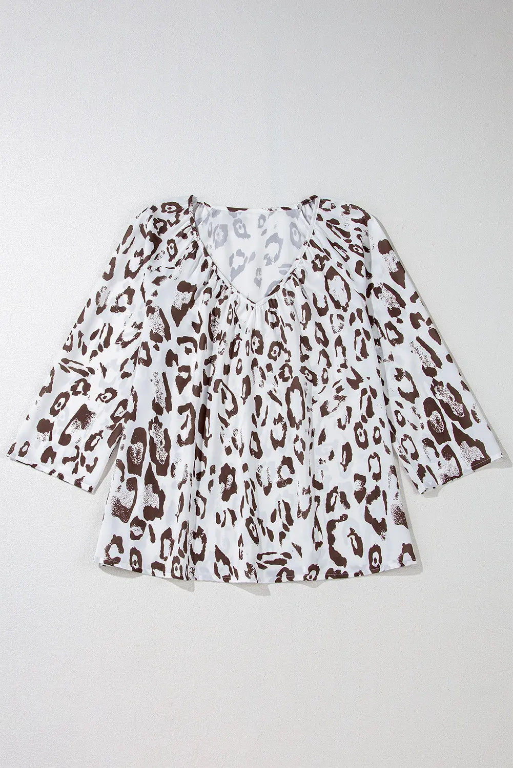 Leopard Print Ruched V Neck 3/4 Sleeve Blouse Beagle Boutique Fashion Outlet