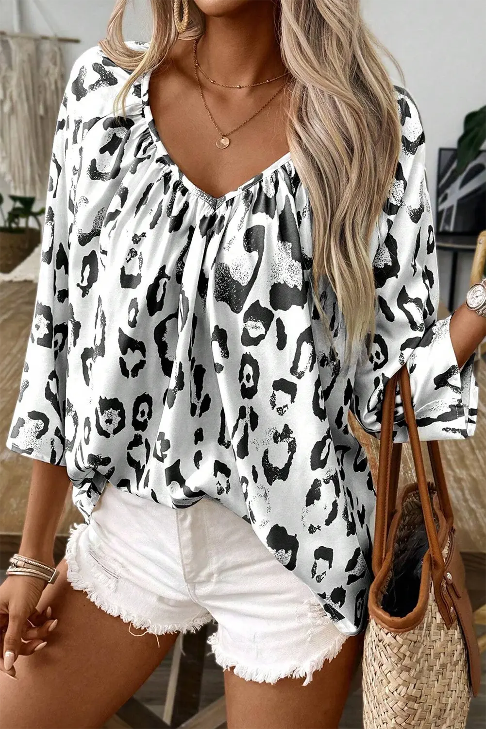 Leopard Print Ruched V Neck 3/4 Sleeve Blouse Beagle Boutique Fashion Outlet