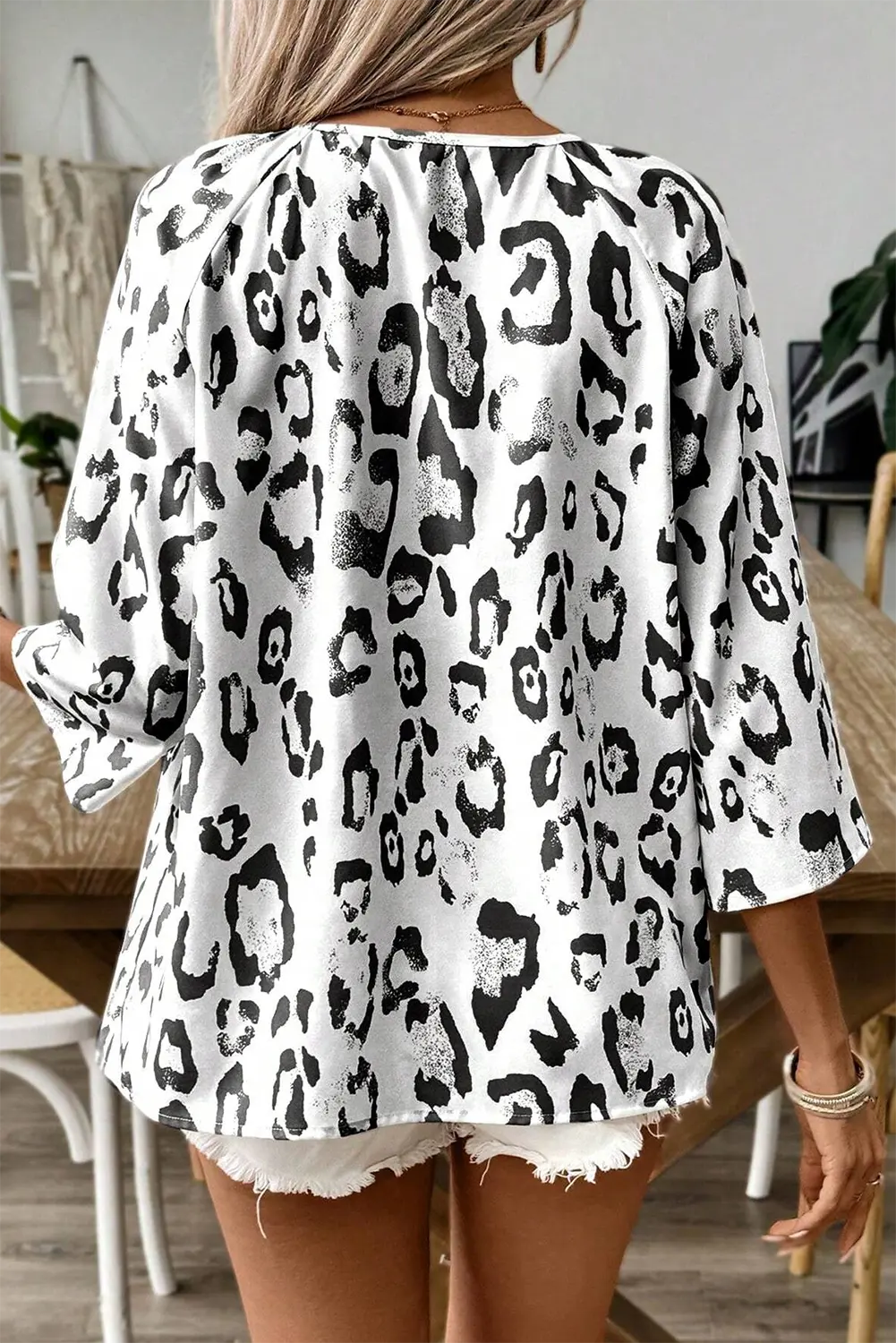 Leopard Print Ruched V Neck 3/4 Sleeve Blouse Beagle Boutique Fashion Outlet