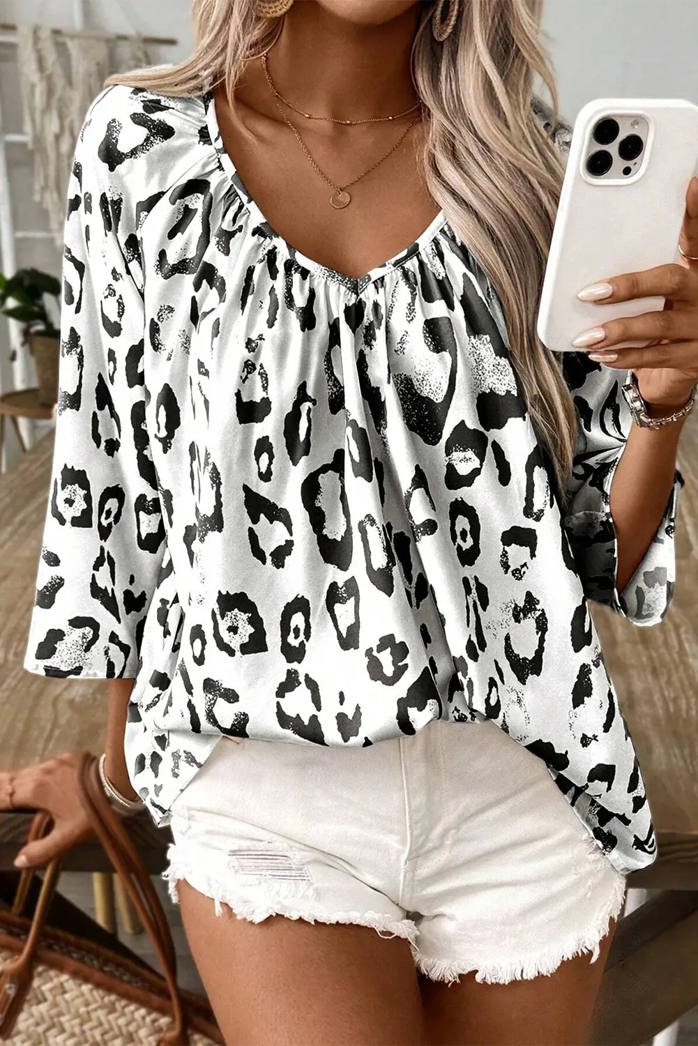 Leopard Print Ruched V Neck 3/4 Sleeve Blouse Beagle Boutique Fashion Outlet