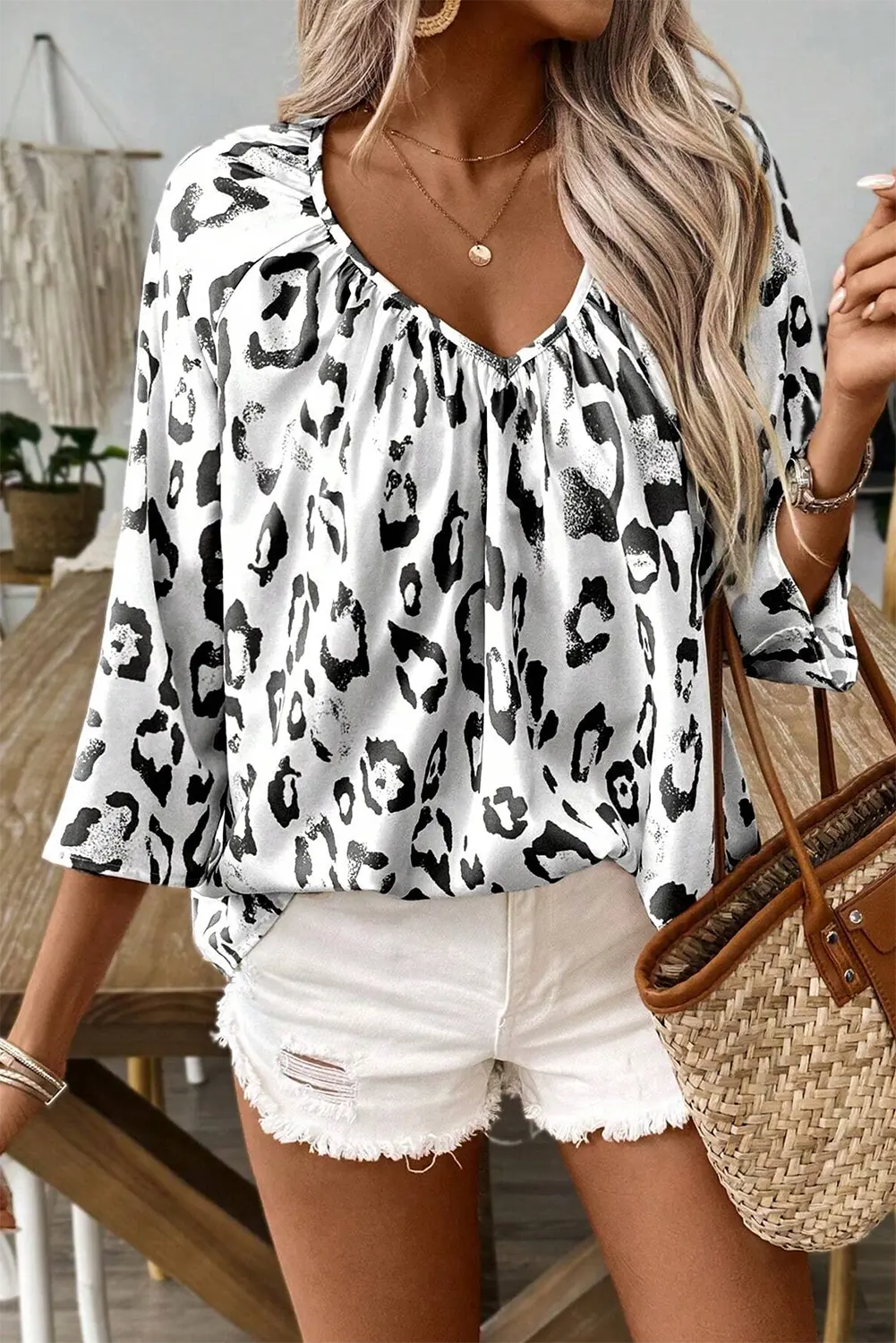 Leopard Print Ruched V Neck 3/4 Sleeve Blouse Beagle Boutique Fashion Outlet