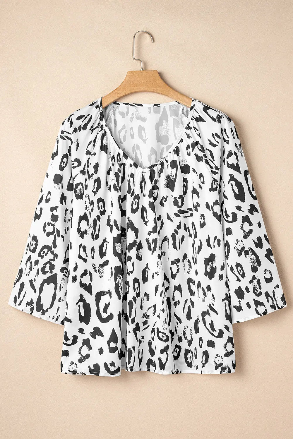 Leopard Print Ruched V Neck 3/4 Sleeve Blouse Beagle Boutique Fashion Outlet