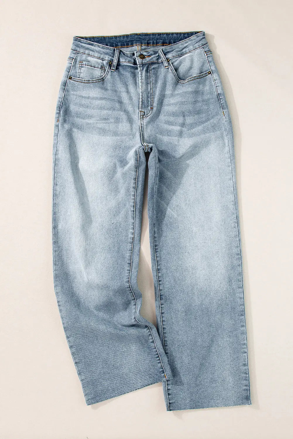 Light Blue Acid Wash Raw Edge Straight Jeans eAura