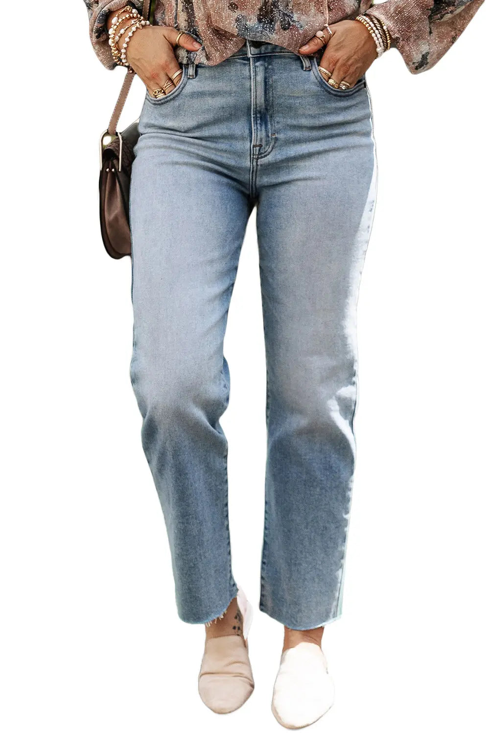 Light Blue Acid Wash Raw Edge Straight Jeans eAura