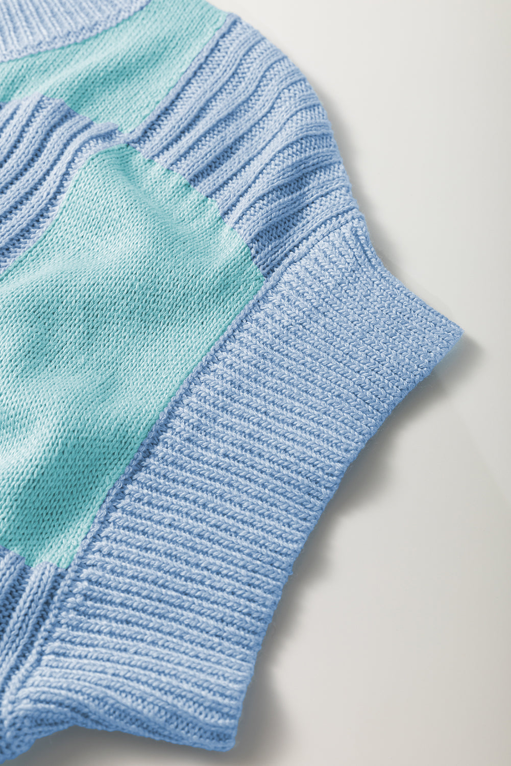 Light Blue Checkered Colour Block Crew Neck Short Sleeve Sweater - Sweaters & Cardigans/Short