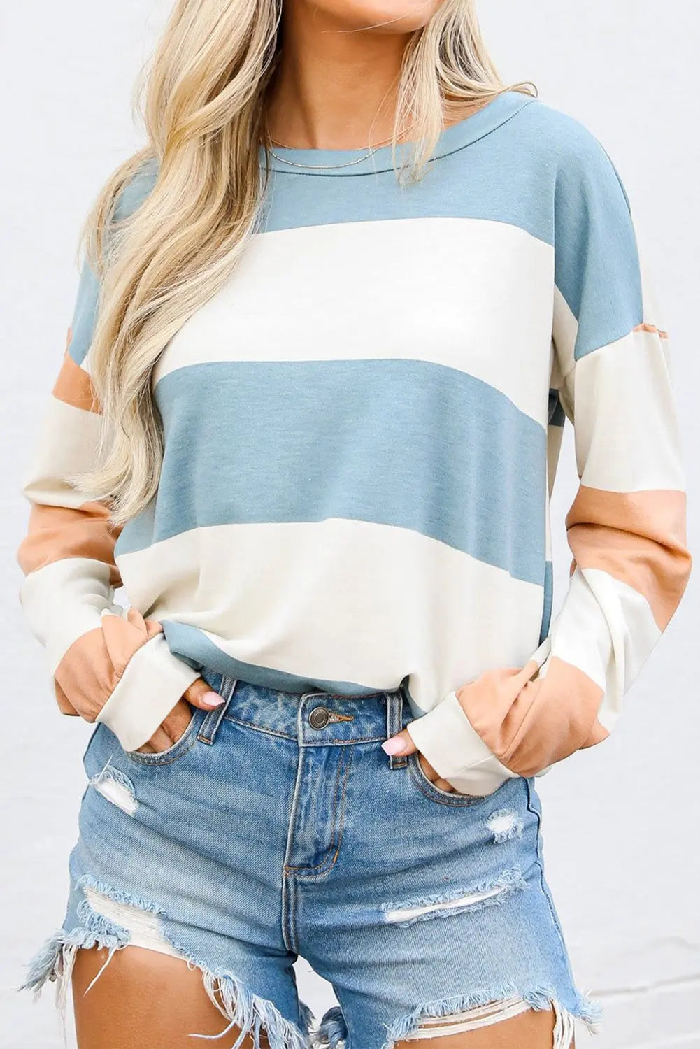 Light Blue Colourblock Striped Drop Shoulder Long Sleeve Top Beagle Boutique Fashion Outlet