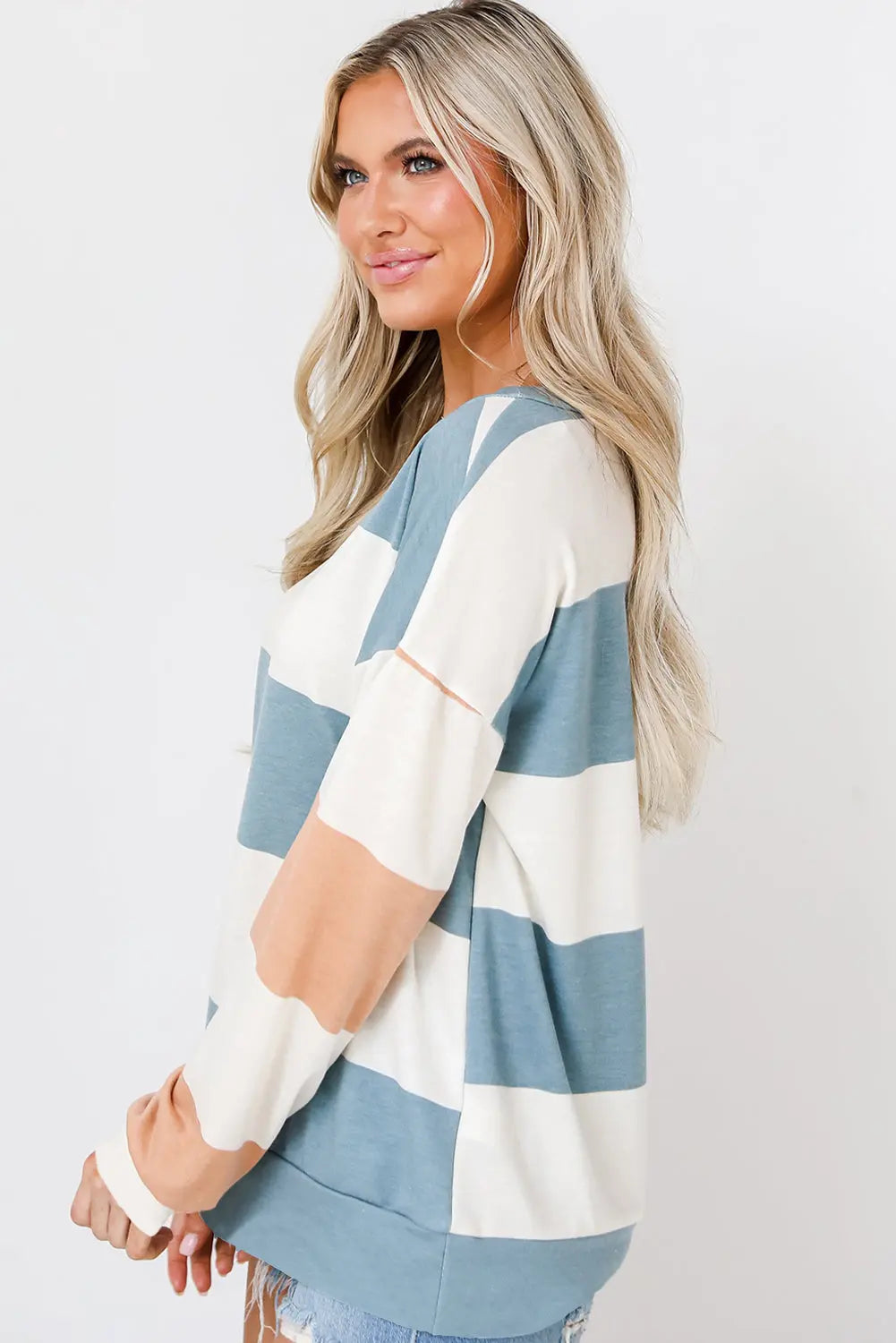 Light Blue Colourblock Striped Drop Shoulder Long Sleeve Top Beagle Boutique Fashion Outlet