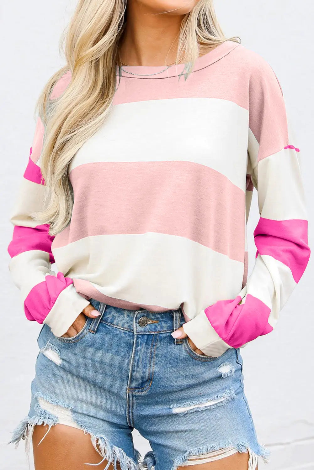 Light Blue Colourblock Striped Drop Shoulder Long Sleeve Top Beagle Boutique Fashion Outlet