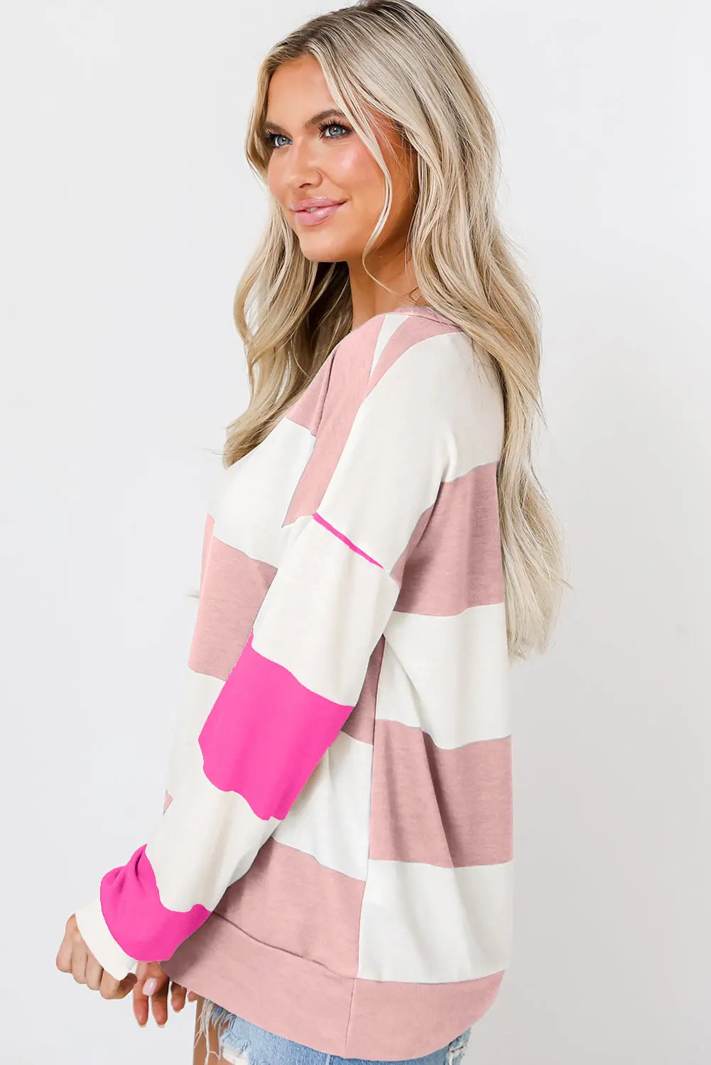 Light Blue Colourblock Striped Drop Shoulder Long Sleeve Top Beagle Boutique Fashion Outlet
