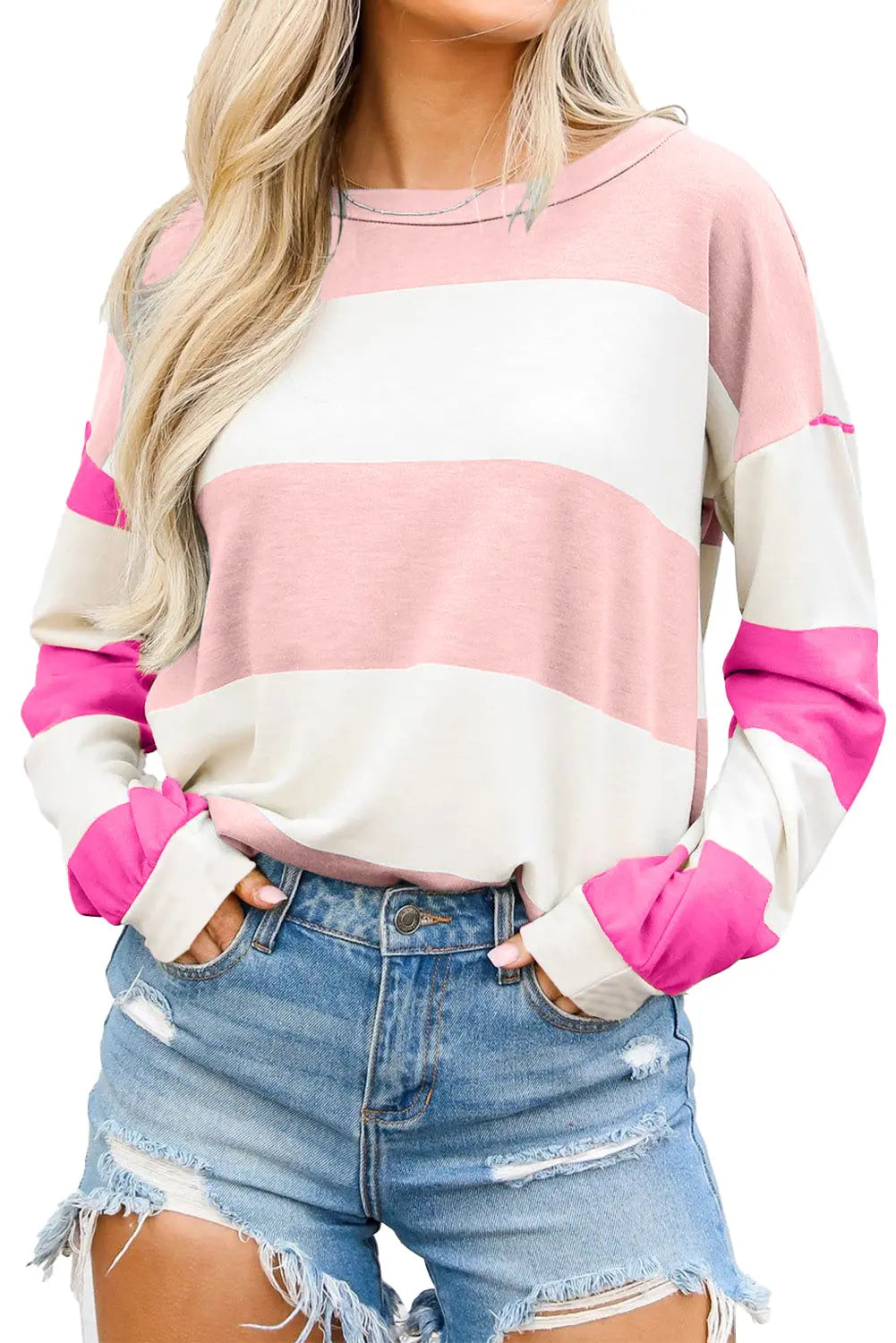 Light Blue Colourblock Striped Drop Shoulder Long Sleeve Top Beagle Boutique Fashion Outlet