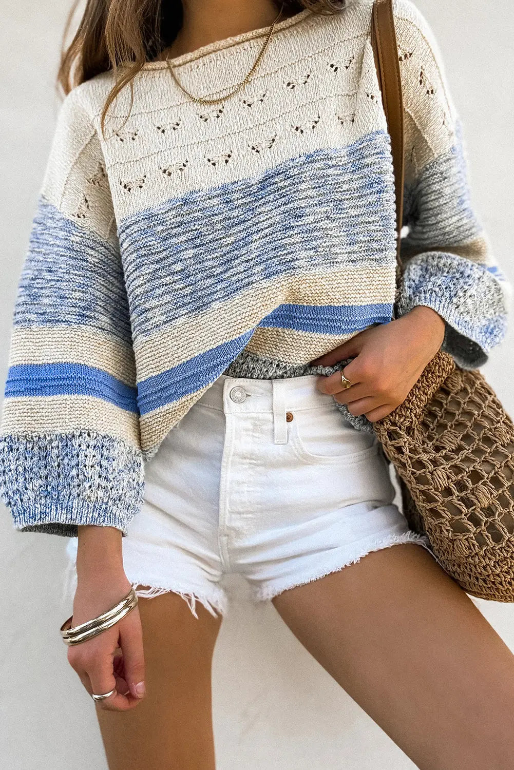 Light Blue Open Stitch Puff Sleeve Sweater - eAura