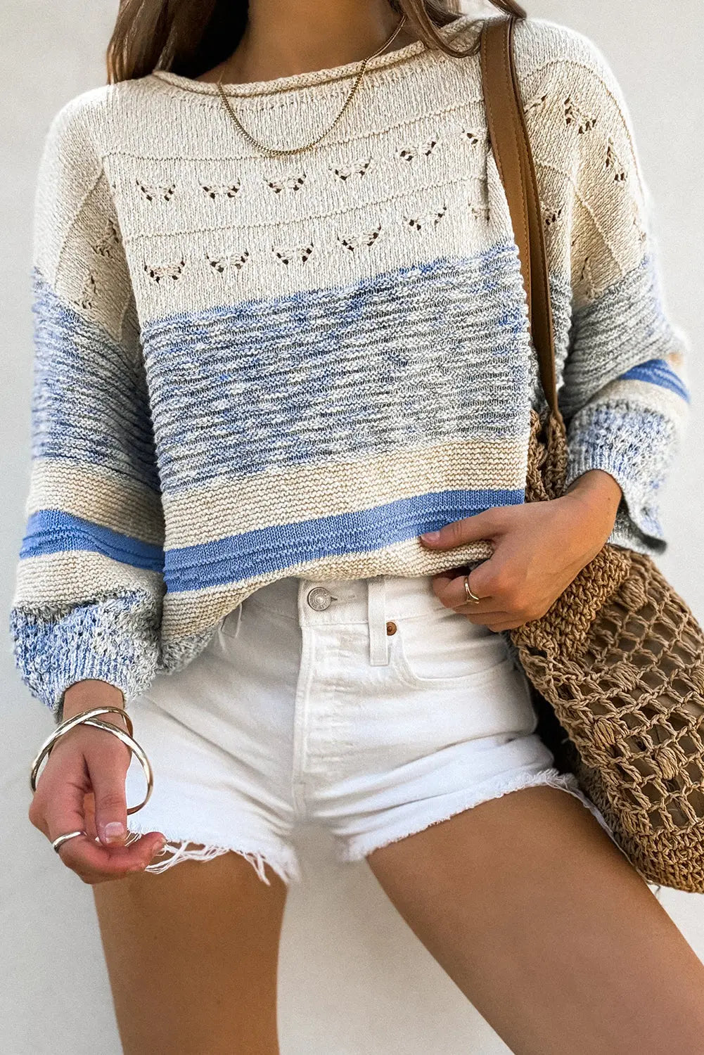 Light Blue Open Stitch Puff Sleeve Sweater - eAura