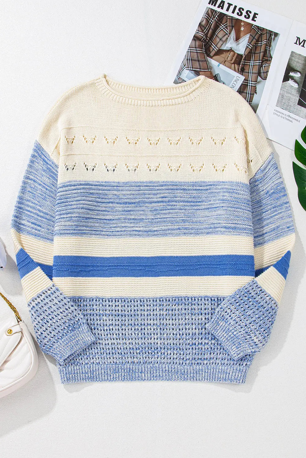 Light Blue Open Stitch Puff Sleeve Sweater - eAura