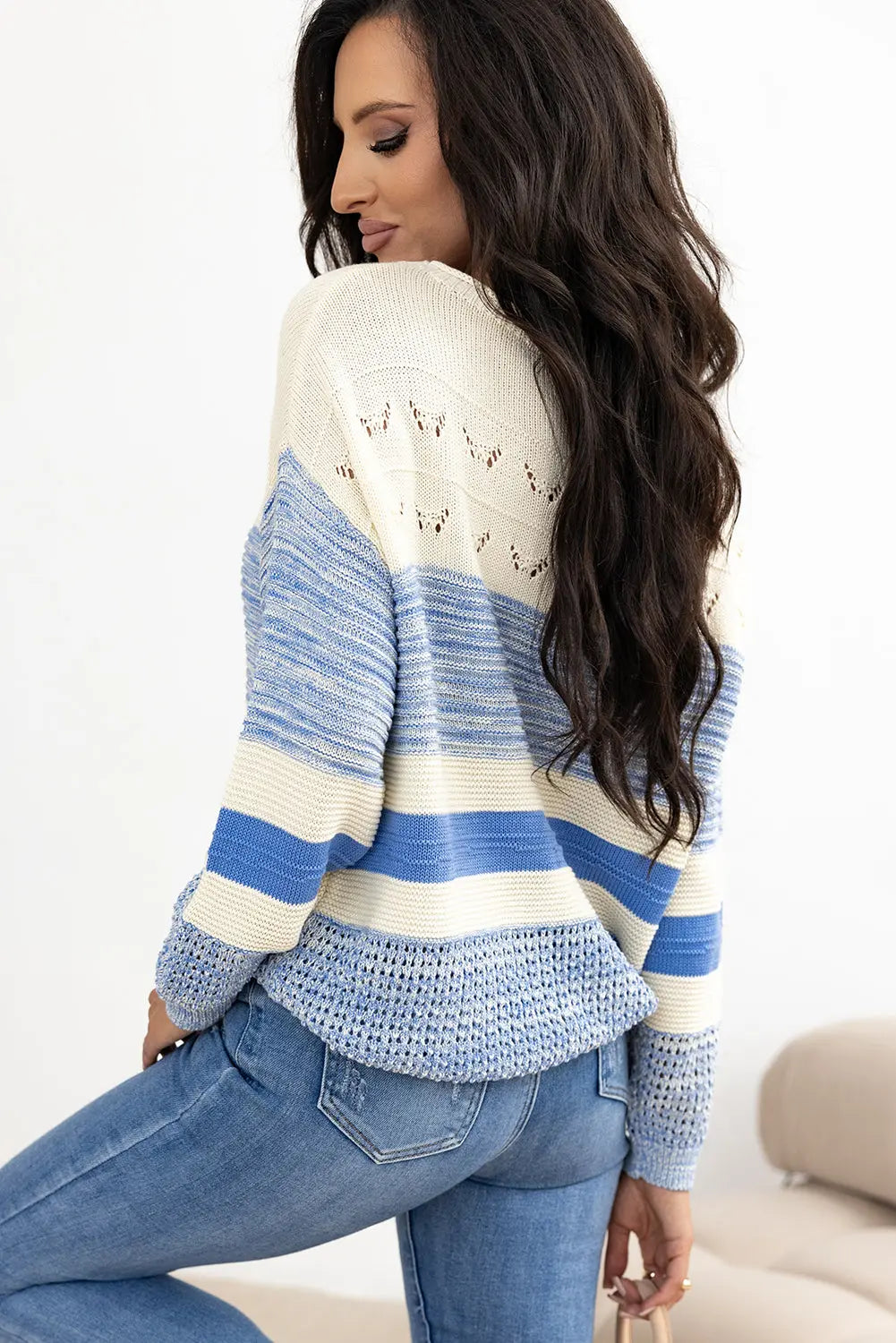 Light Blue Open Stitch Puff Sleeve Sweater - eAura