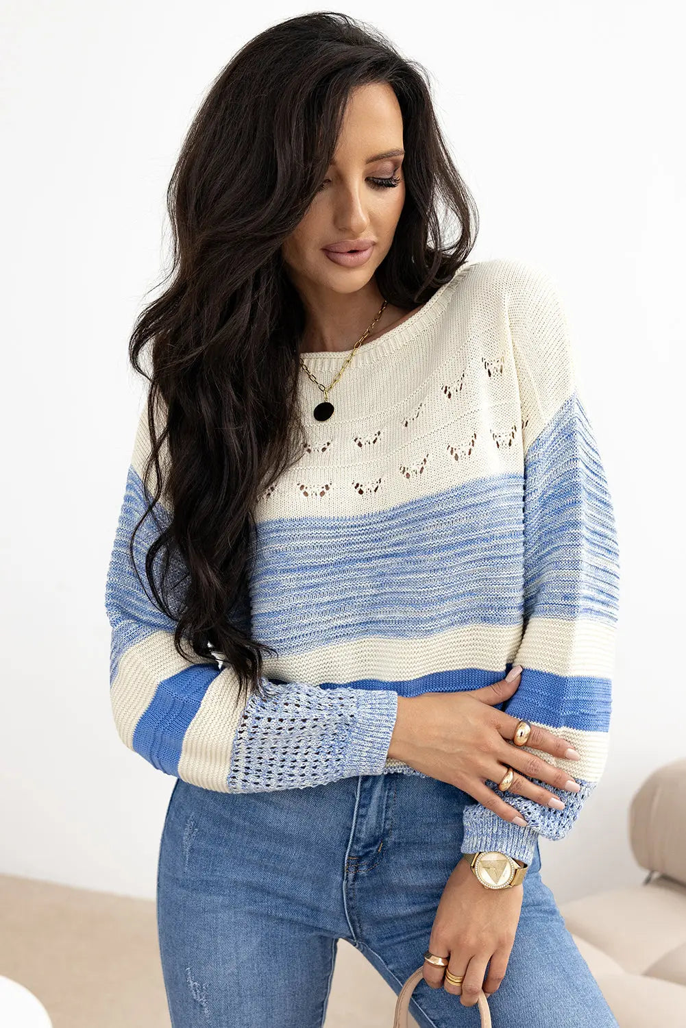 Light Blue Open Stitch Puff Sleeve Sweater - eAura