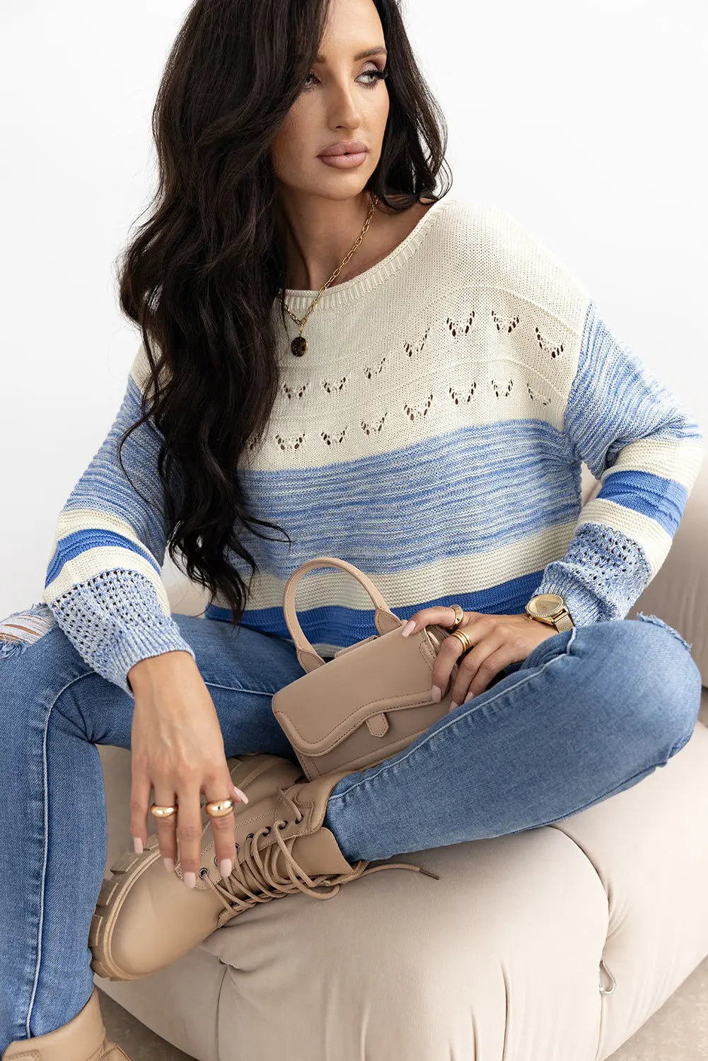 Light Blue Open Stitch Puff Sleeve Sweater - eAura