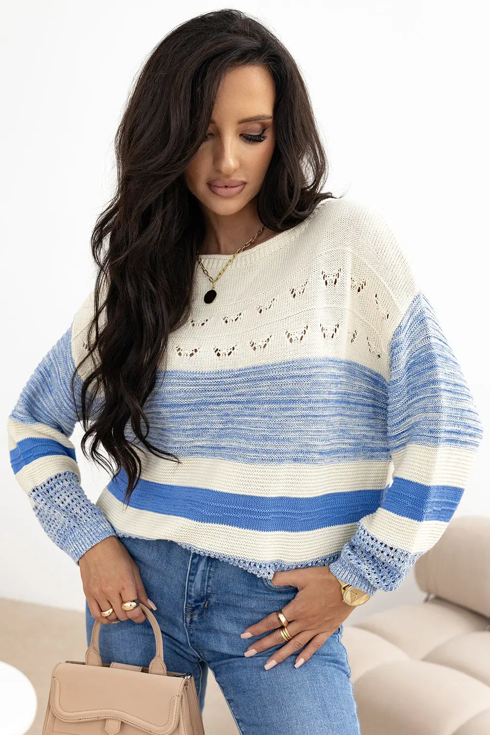 Light Blue Open Stitch Puff Sleeve Sweater - eAura