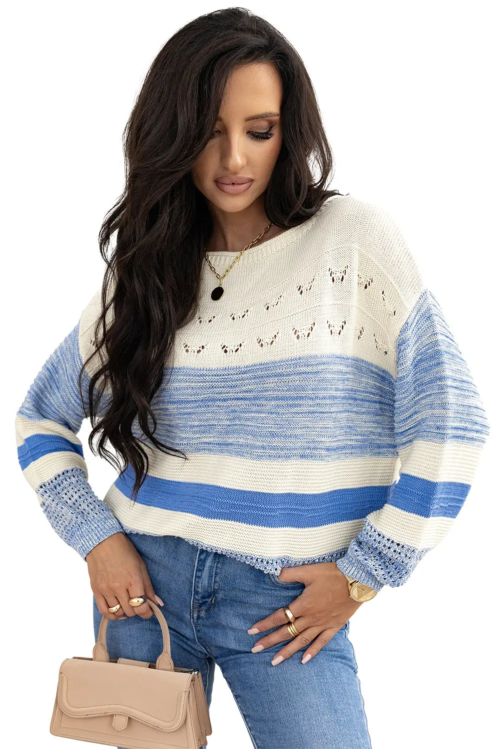 Light Blue Open Stitch Puff Sleeve Sweater - eAura
