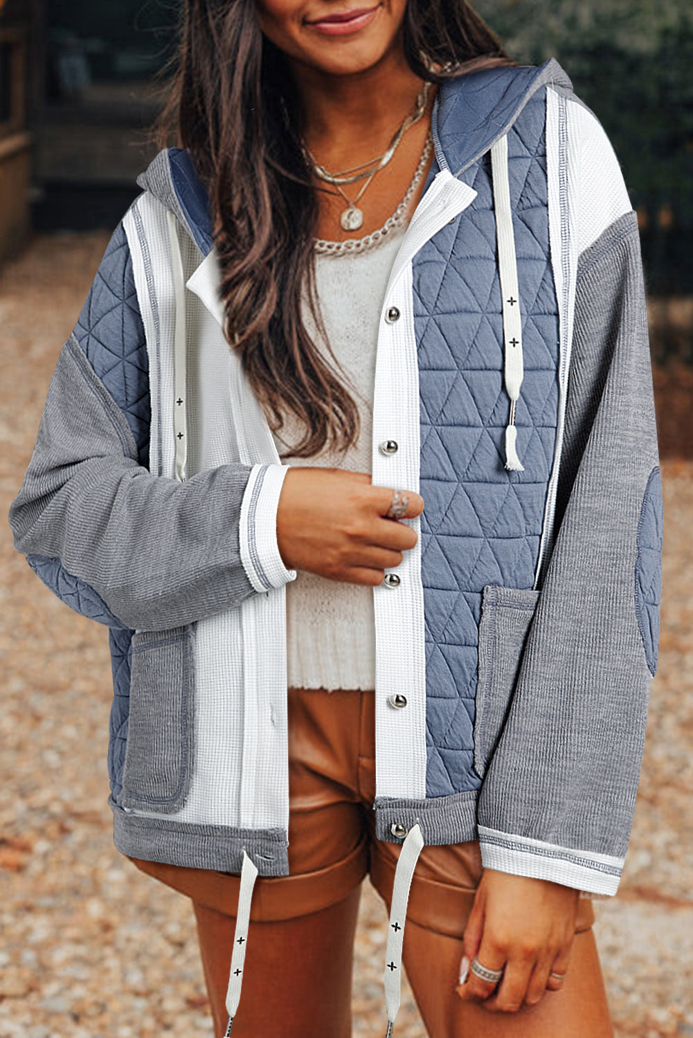 Light Blue Quilted Textured Patchwork Loose Fit Hooded Jacket - eAura