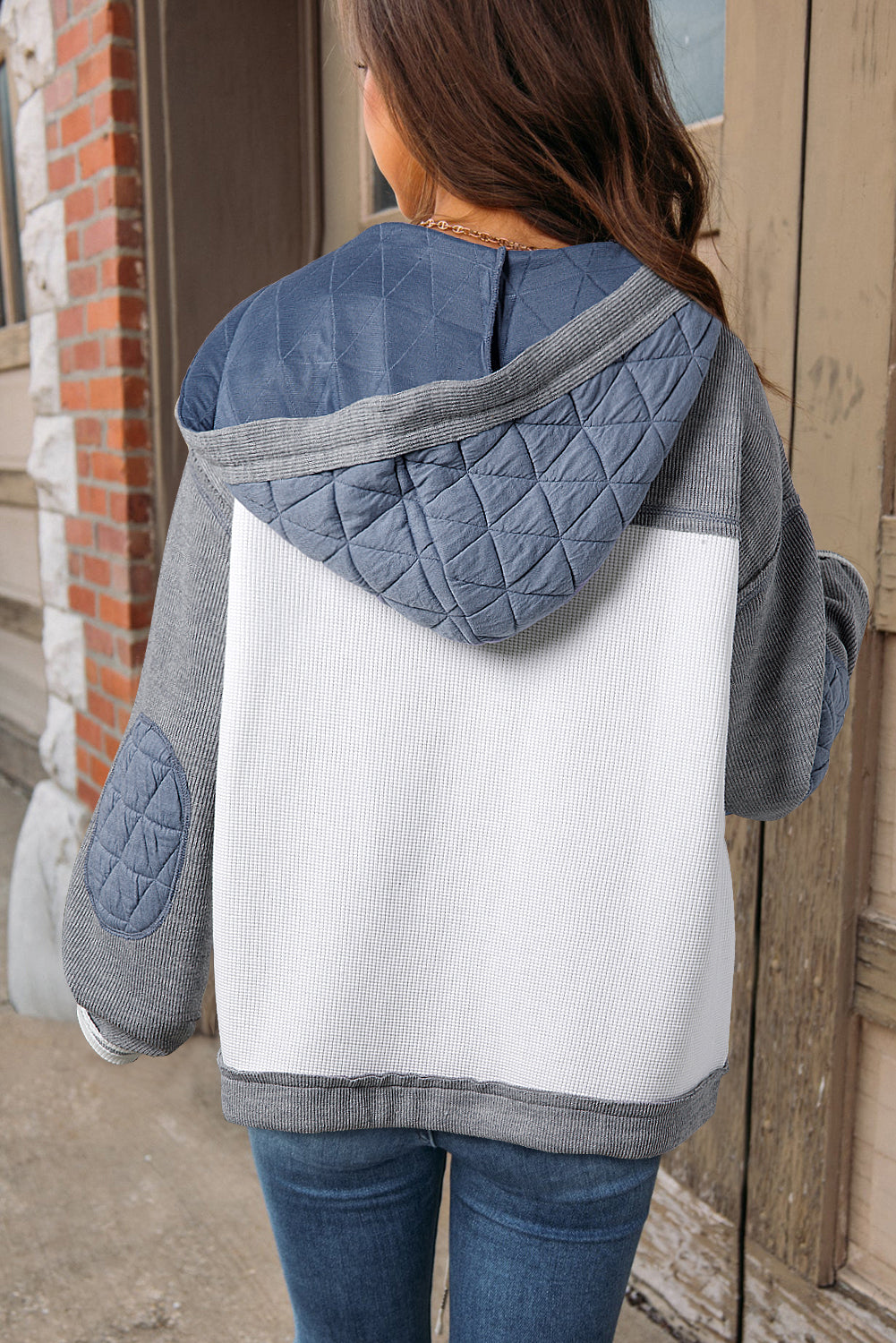 Light Blue Quilted Textured Patchwork Loose Fit Hooded Jacket - eAura