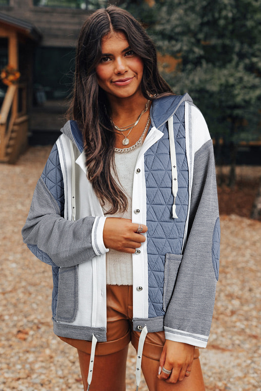 Quilted Textured Patchwork Loose Fit Hooded Jacket - Outerwear/Jackets