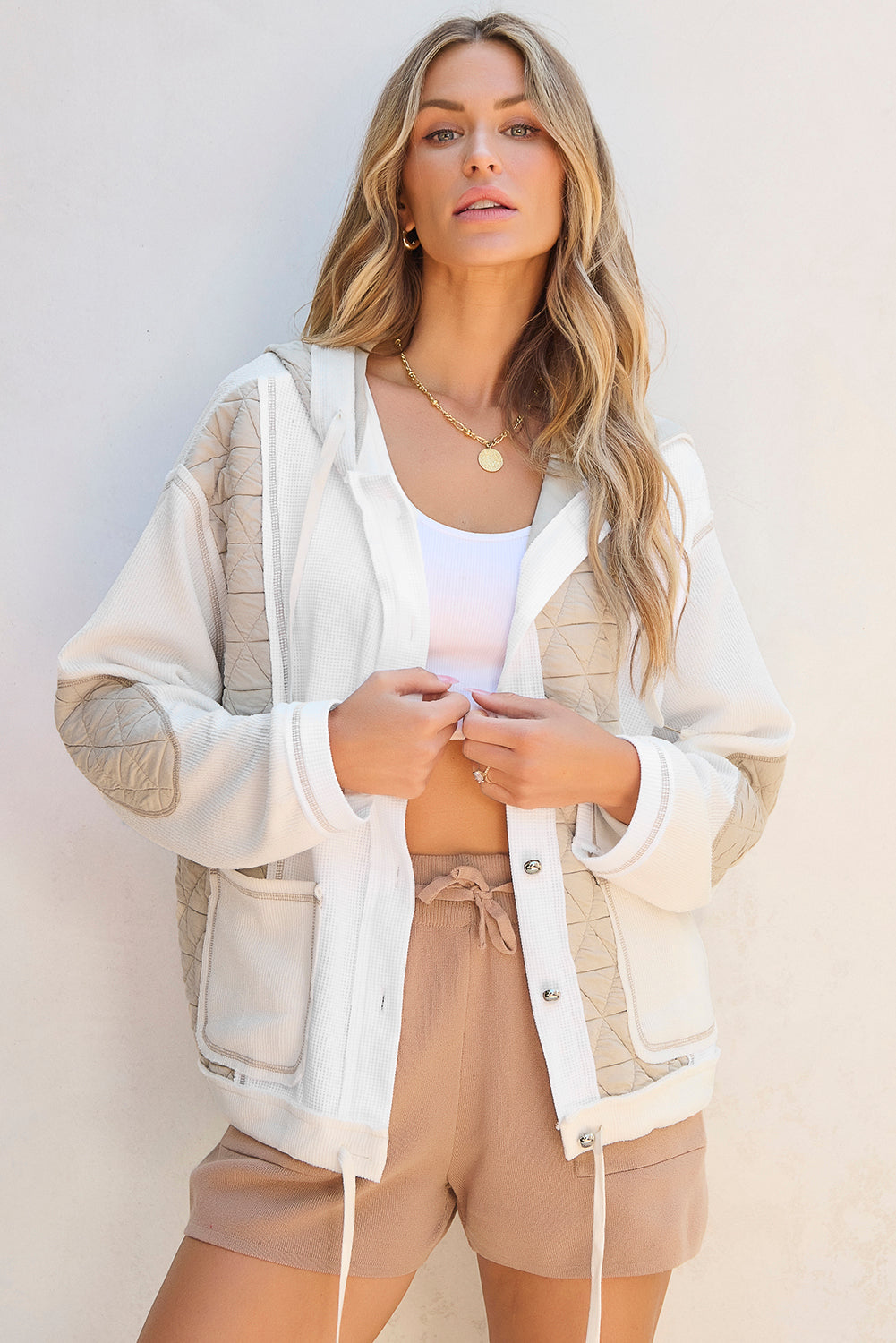 Quilted Textured Patchwork Loose Fit Hooded Jacket - Outerwear/Jackets