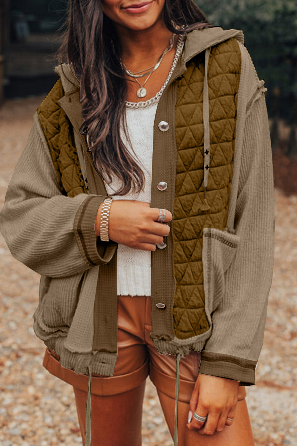 Quilted Textured Patchwork Loose Fit Hooded Jacket - Outerwear/Jackets