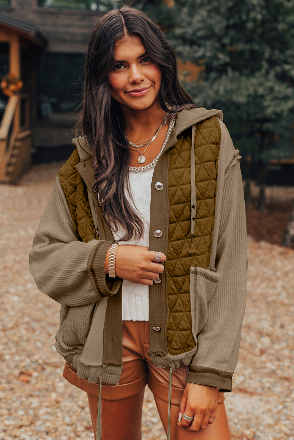 Quilted Textured Patchwork Loose Fit Hooded Jacket - Outerwear/Jackets