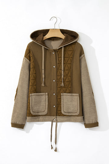 Quilted Textured Patchwork Loose Fit Hooded Jacket - Outerwear/Jackets