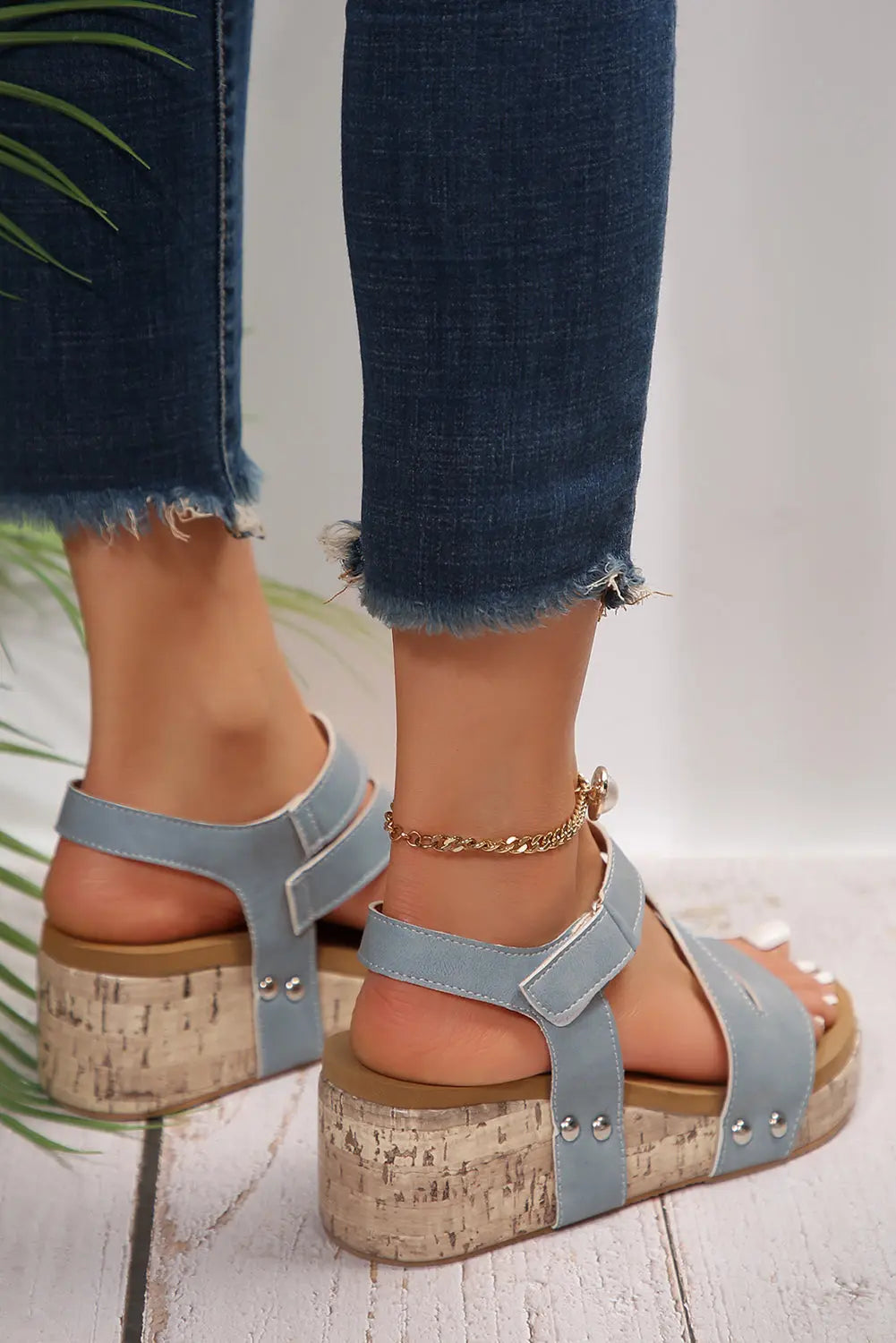 Light Blue Strap Velcro Wedge Sandals - eAura