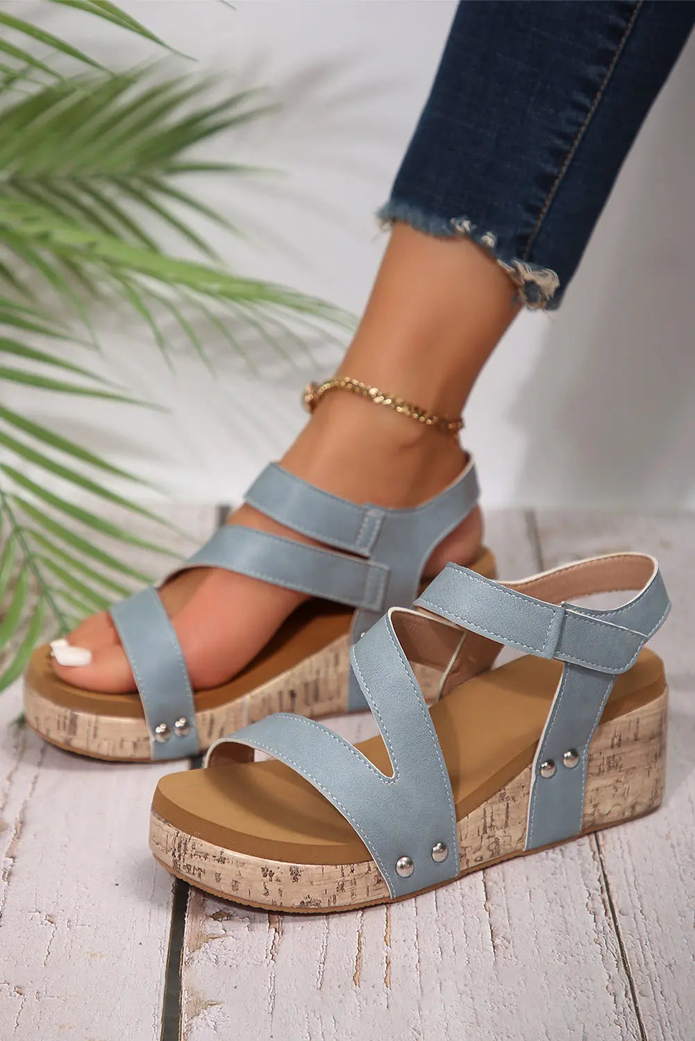 Light Blue Strap Velcro Wedge Sandals - eAura