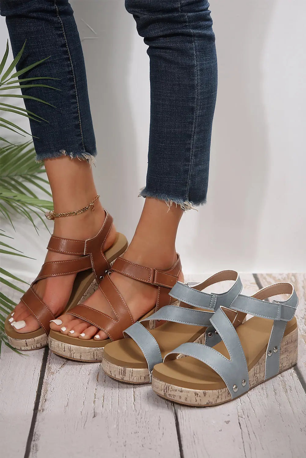 Light Blue Strap Velcro Wedge Sandals - eAura