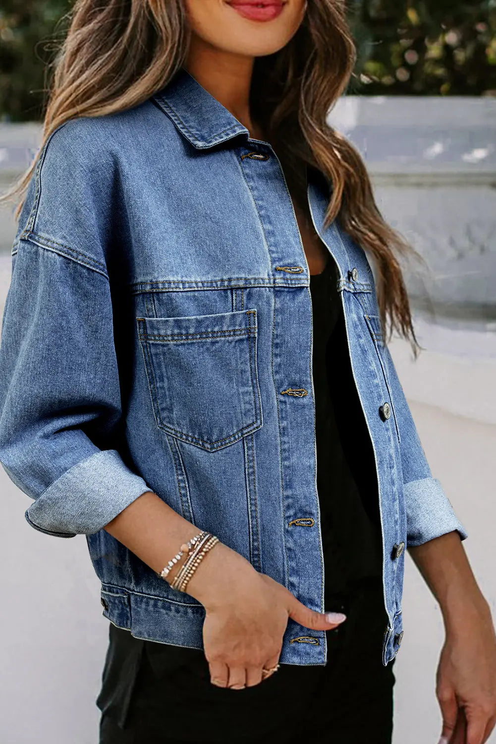 Light Blue Washed Oversize Pocketed Denim Jacket eAura