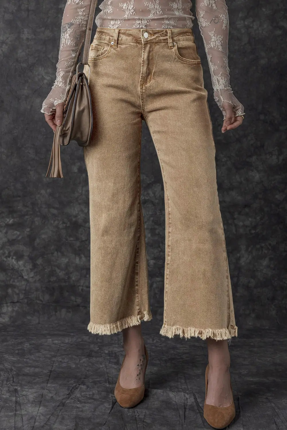 Light French Beige Acid Washed High Rise Cropped Wide Leg Jeans eAura