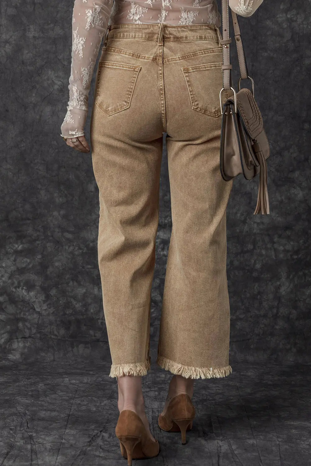 Light French Beige Acid Washed High Rise Cropped Wide Leg Jeans eAura