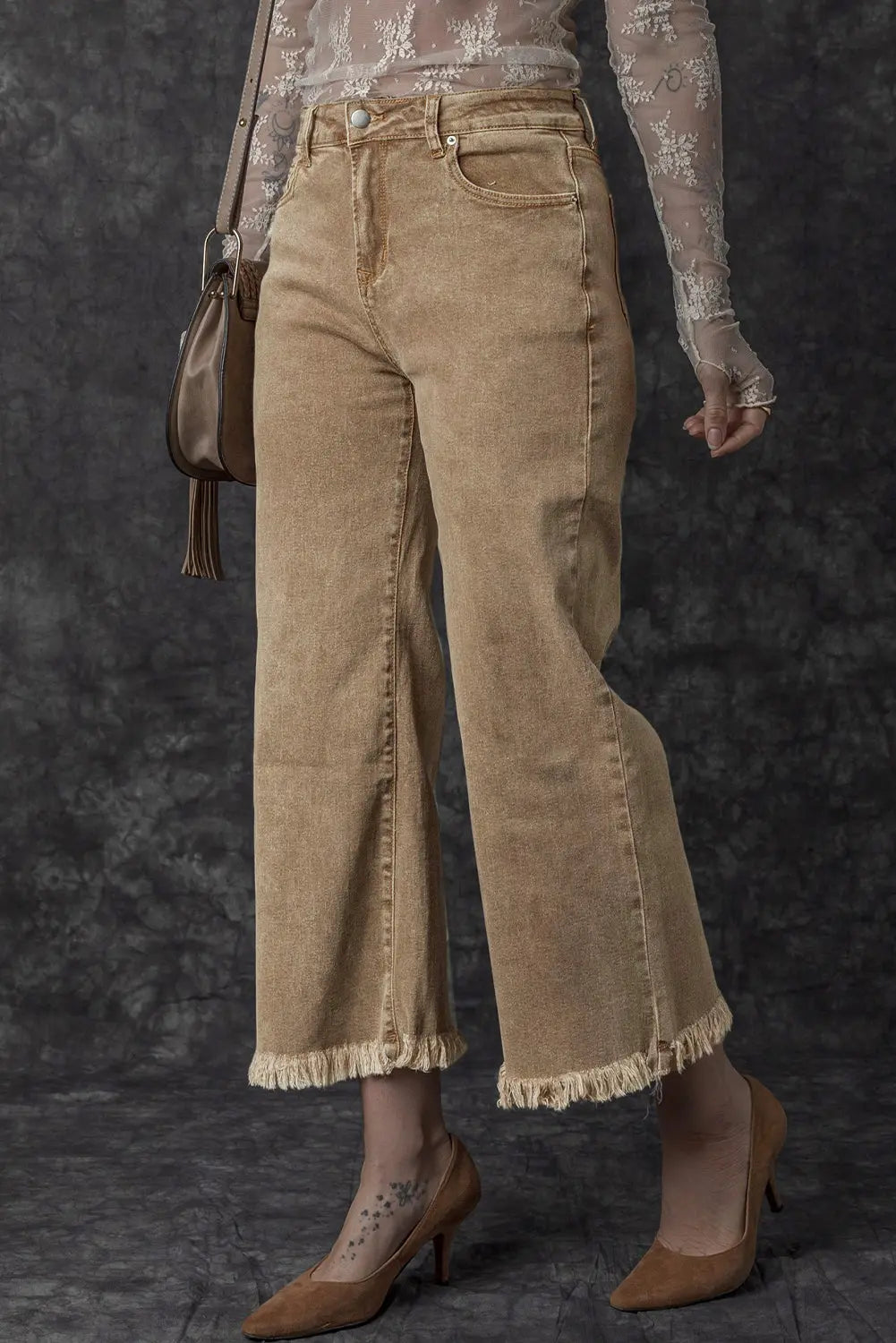 Light French Beige Acid Washed High Rise Cropped Wide Leg Jeans eAura