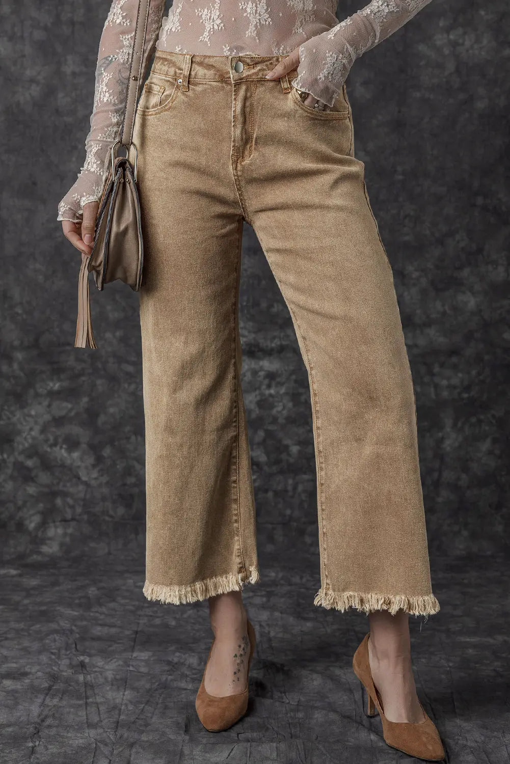 Light French Beige Acid Washed High Rise Cropped Wide Leg Jeans eAura