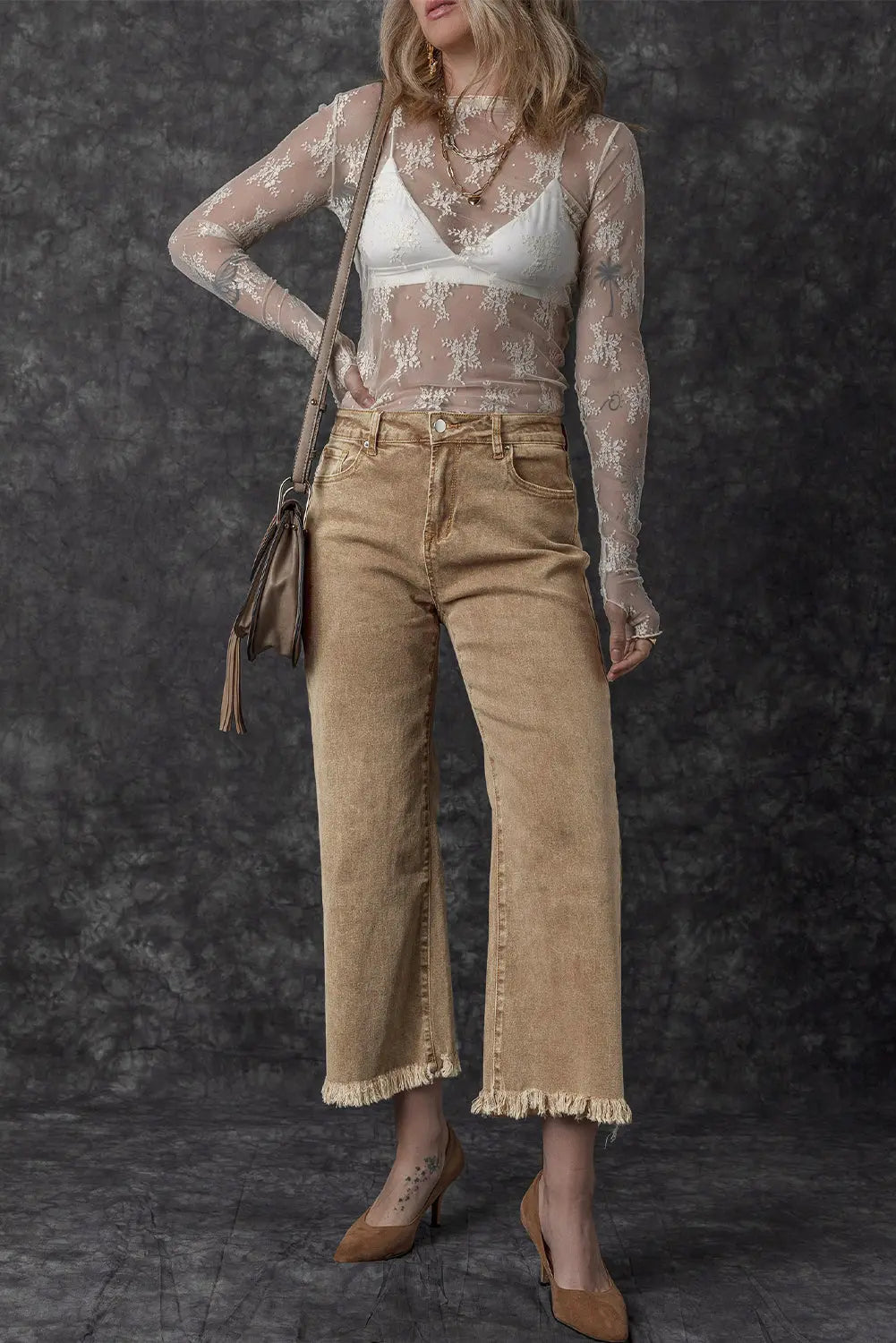 Light French Beige Acid Washed High Rise Cropped Wide Leg Jeans eAura