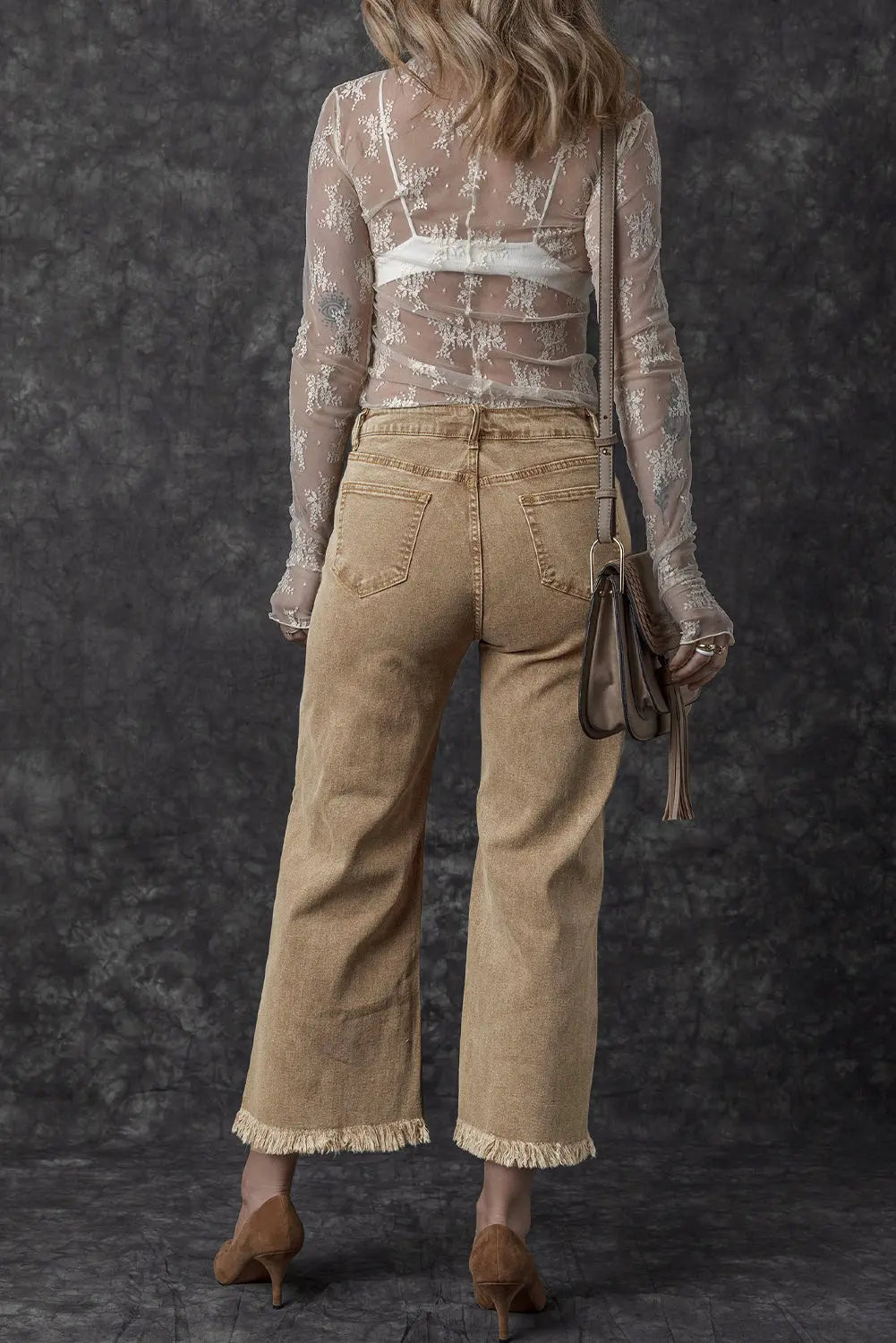 Light French Beige Acid Washed High Rise Cropped Wide Leg Jeans eAura