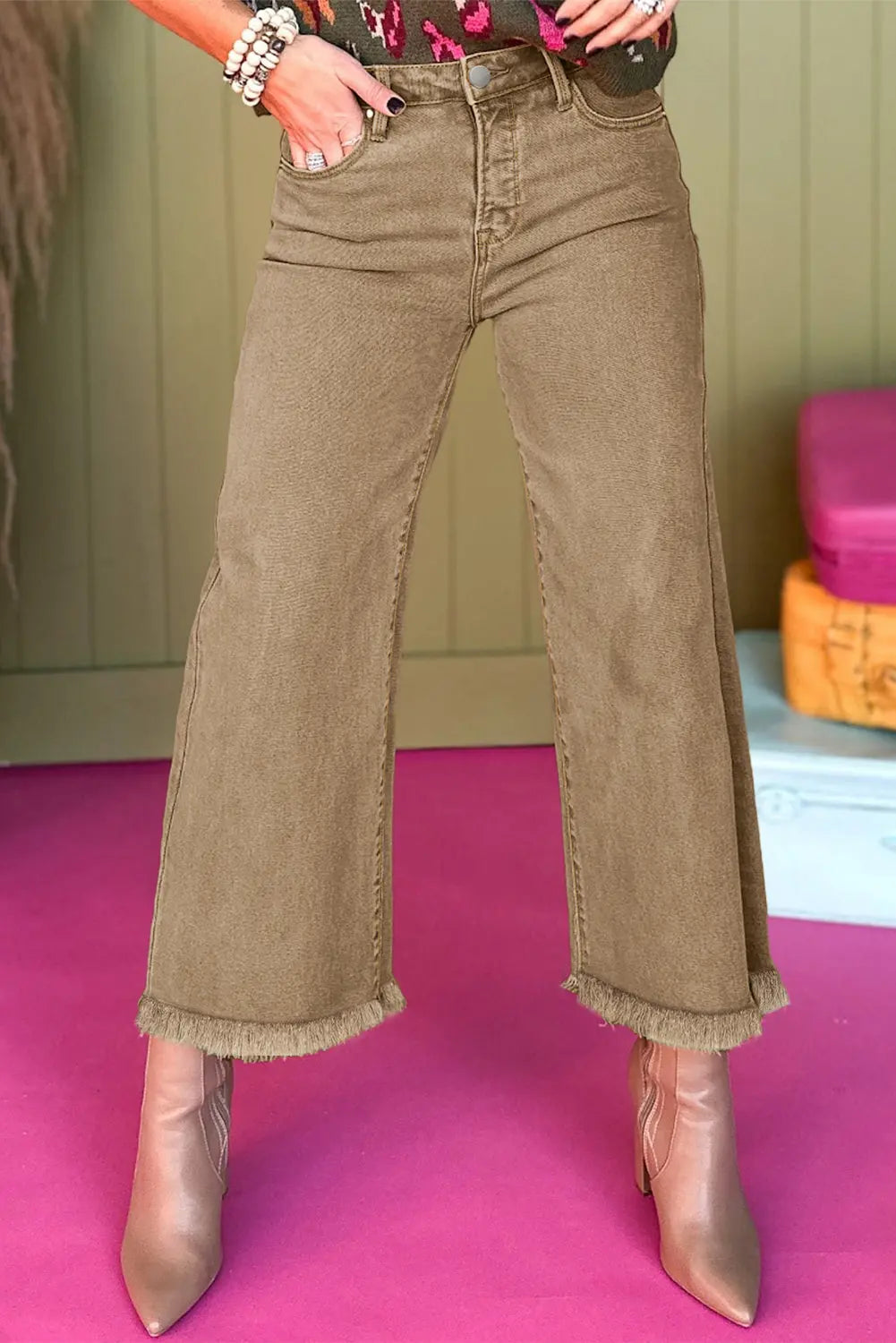 Light French Beige Acid Washed High Rise Cropped Wide Leg Jeans eAura