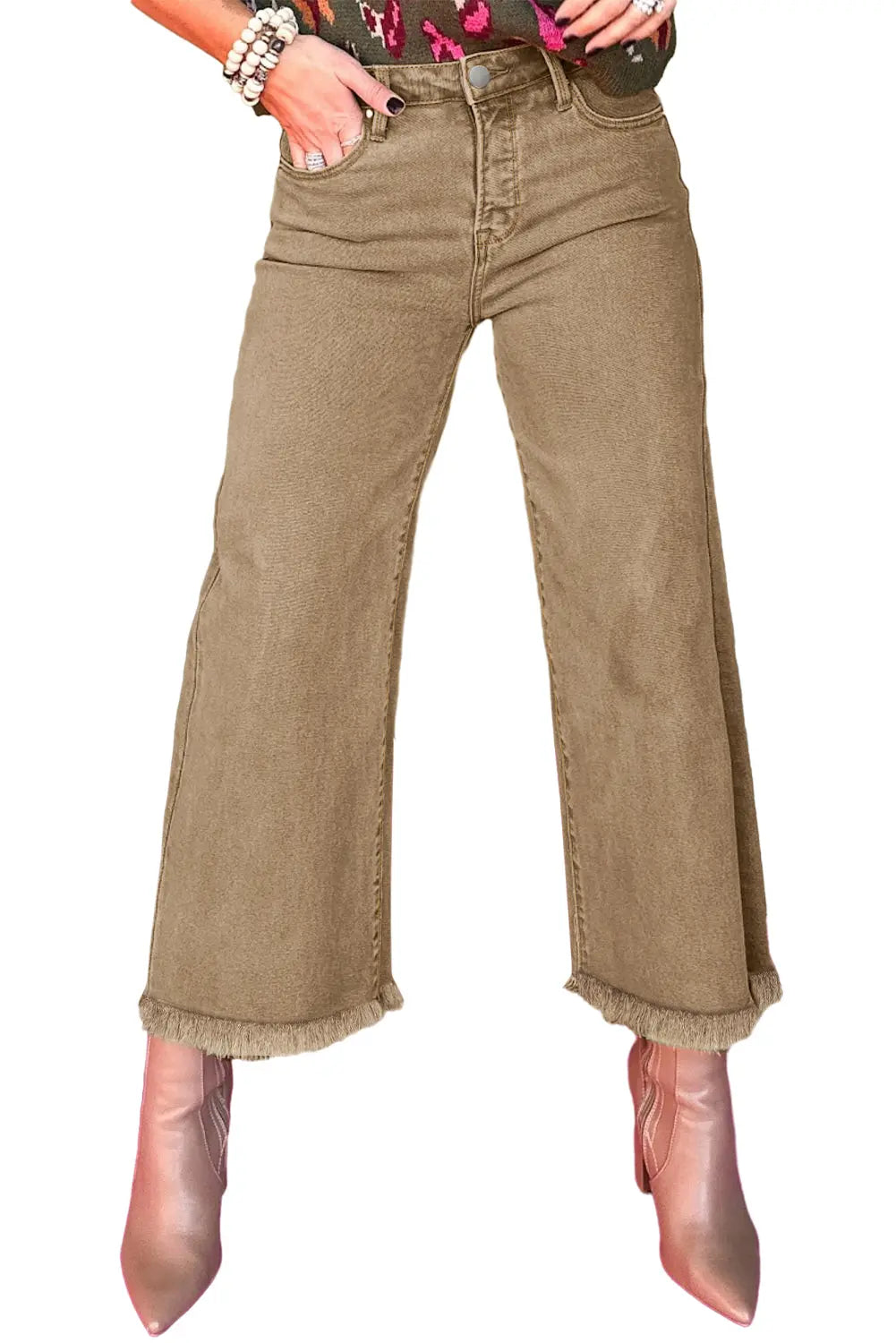 Light French Beige Acid Washed High Rise Cropped Wide Leg Jeans eAura