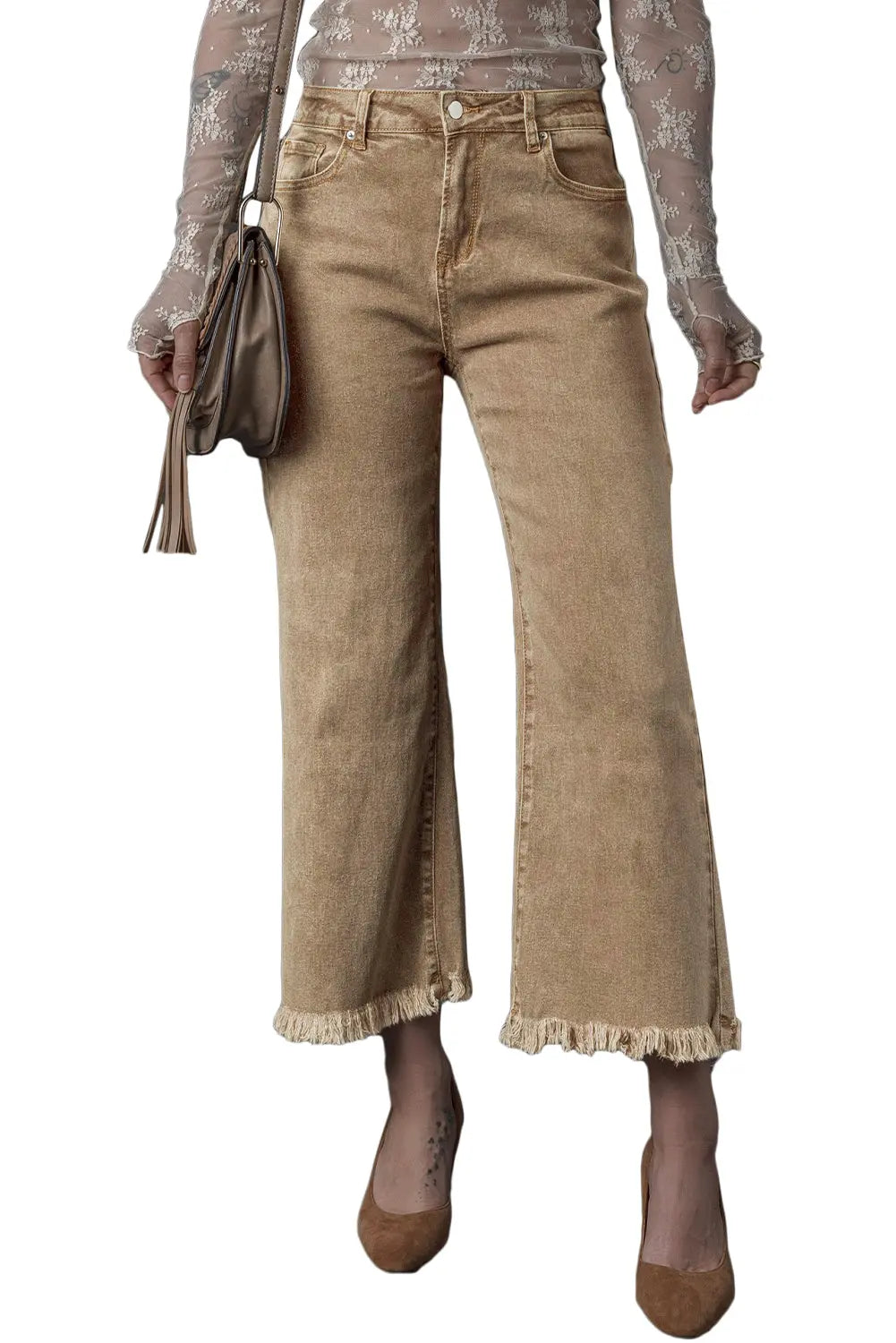 Light French Beige Acid Washed High Rise Cropped Wide Leg Jeans eAura