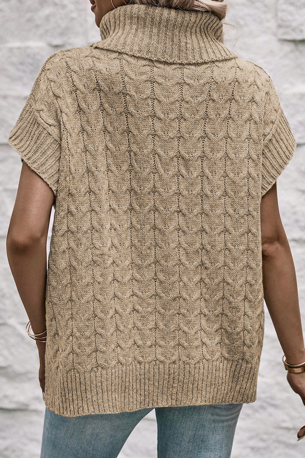 Light French Beige Cable Knit Turtleneck Batwing Sleeve Sweater - Sweaters & Cardigans/Short