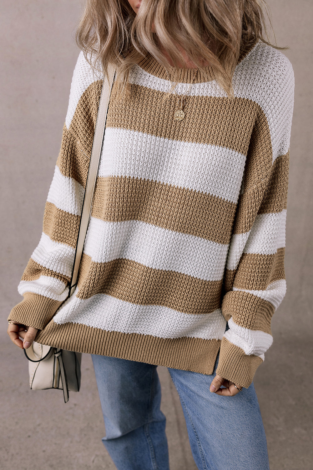 Light French Beige Colourblock Striped Drop Shoulder Side Slit Sweater - eAura