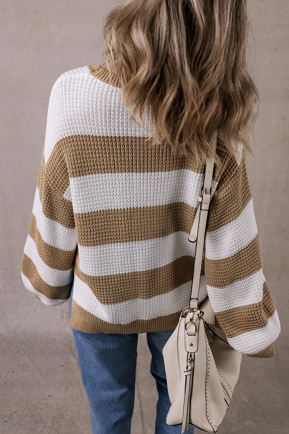 Light French Beige Colourblock Striped Drop Shoulder Side Slit Sweater - eAura
