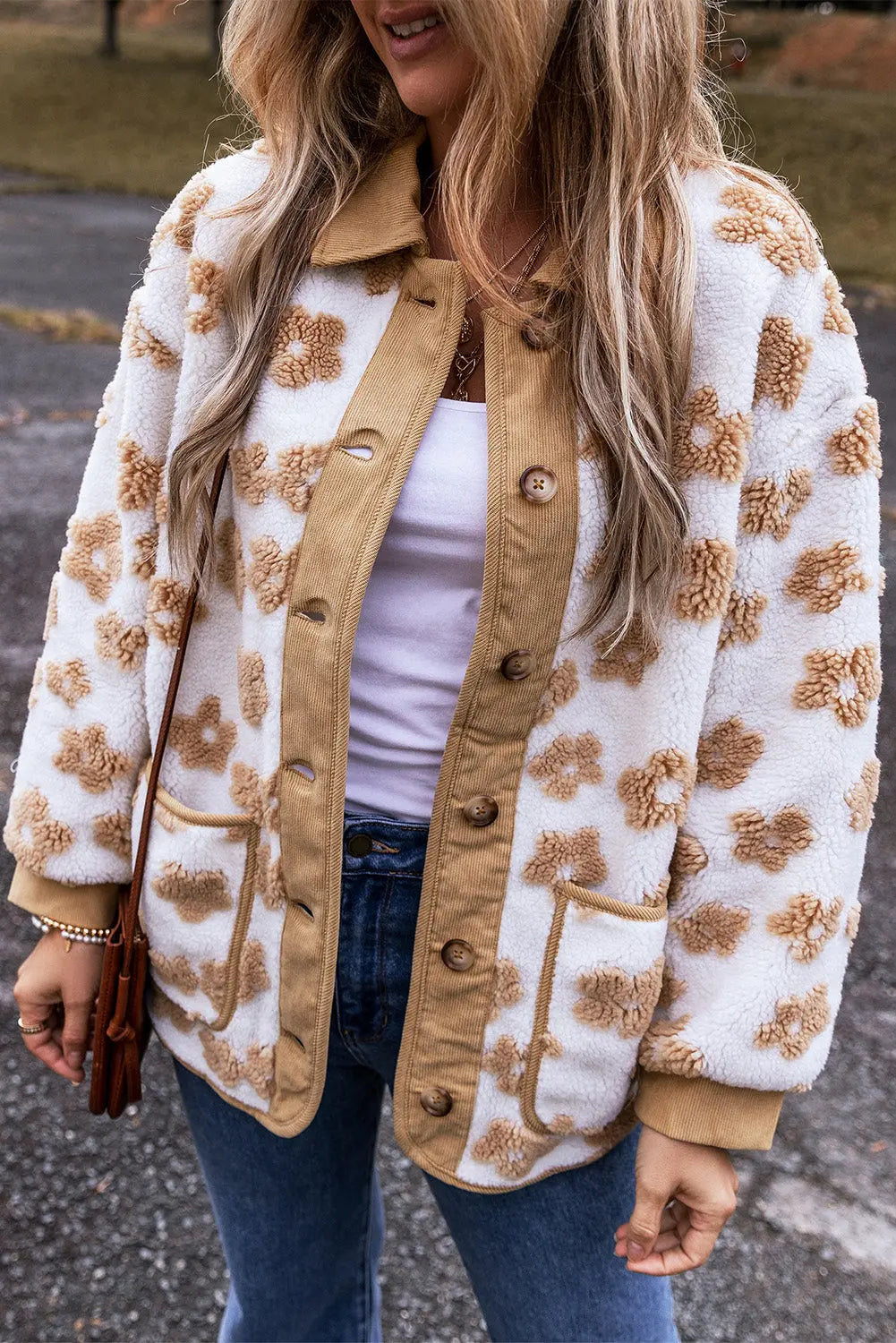 Light French Beige Cute Flower Pattern Button Up Fleece Jacket eAura