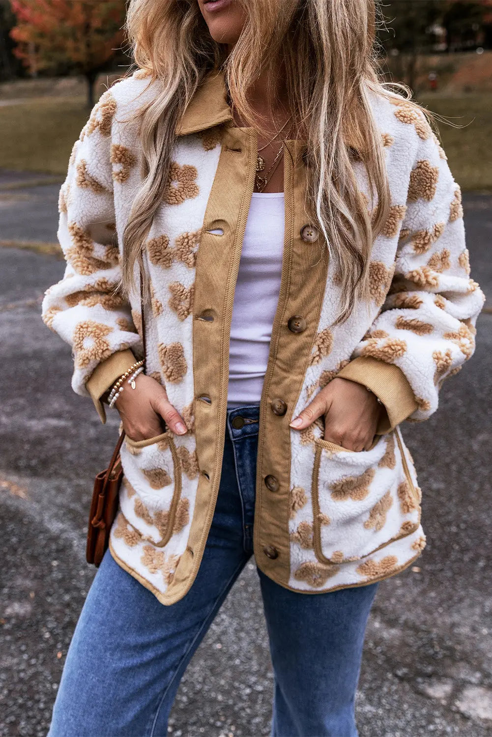 Light French Beige Cute Flower Pattern Button Up Fleece Jacket eAura
