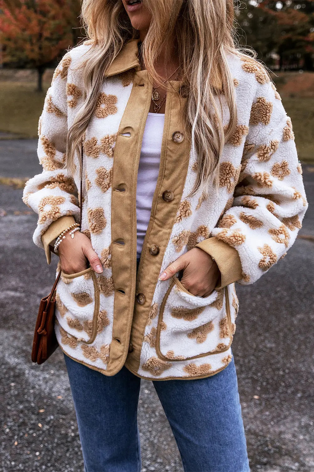 Light French Beige Cute Flower Pattern Button Up Fleece Jacket eAura