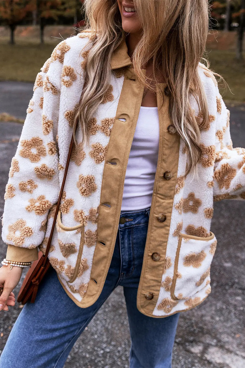 Light French Beige Cute Flower Pattern Button Up Fleece Jacket eAura